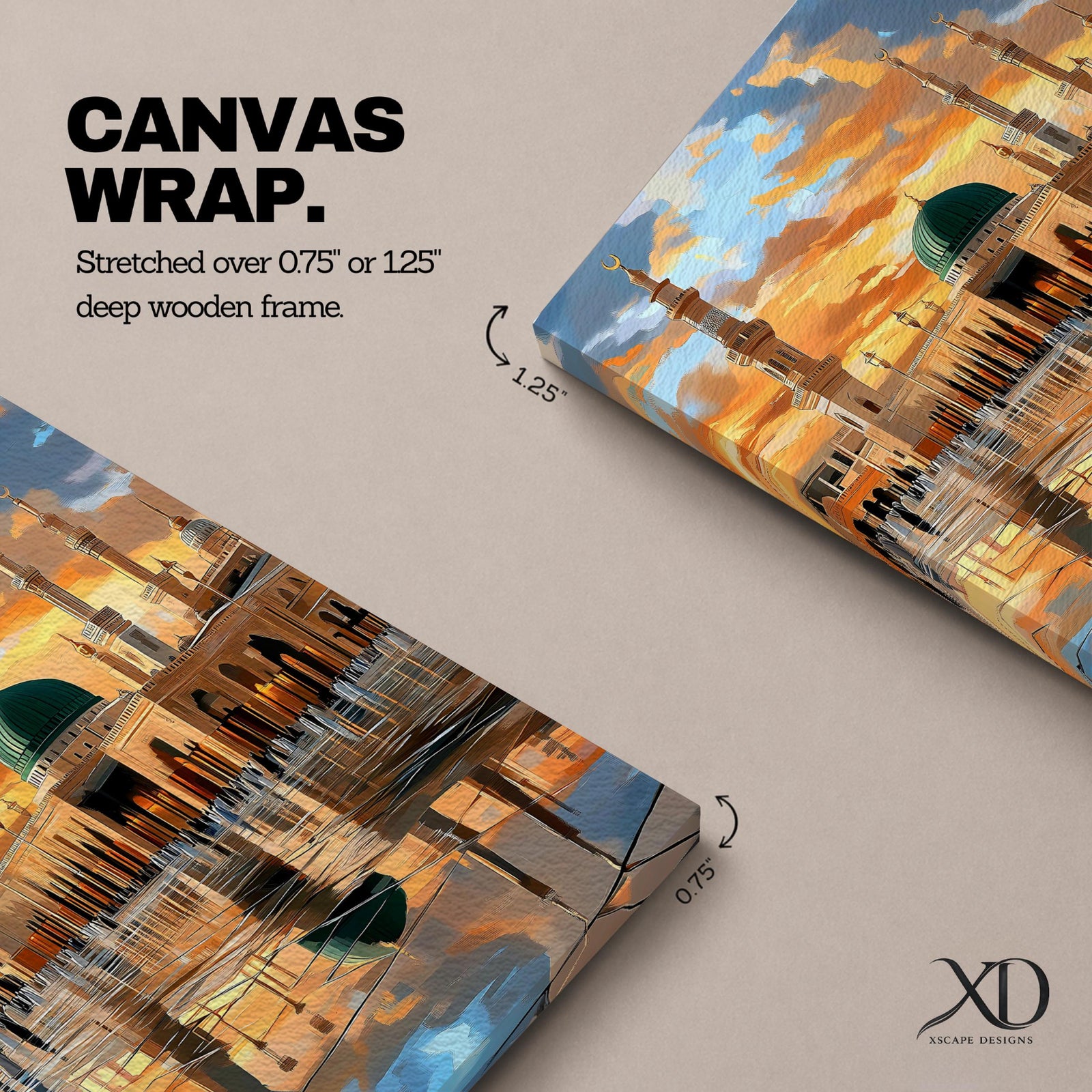Painting of Masjid Al Nabawi in Medina featuring the iconic green dome and tall minarets glowing beneath a dramatic sunset sky, with reflections across the polished courtyard and worshippers walking through the sacred mosque plaza.