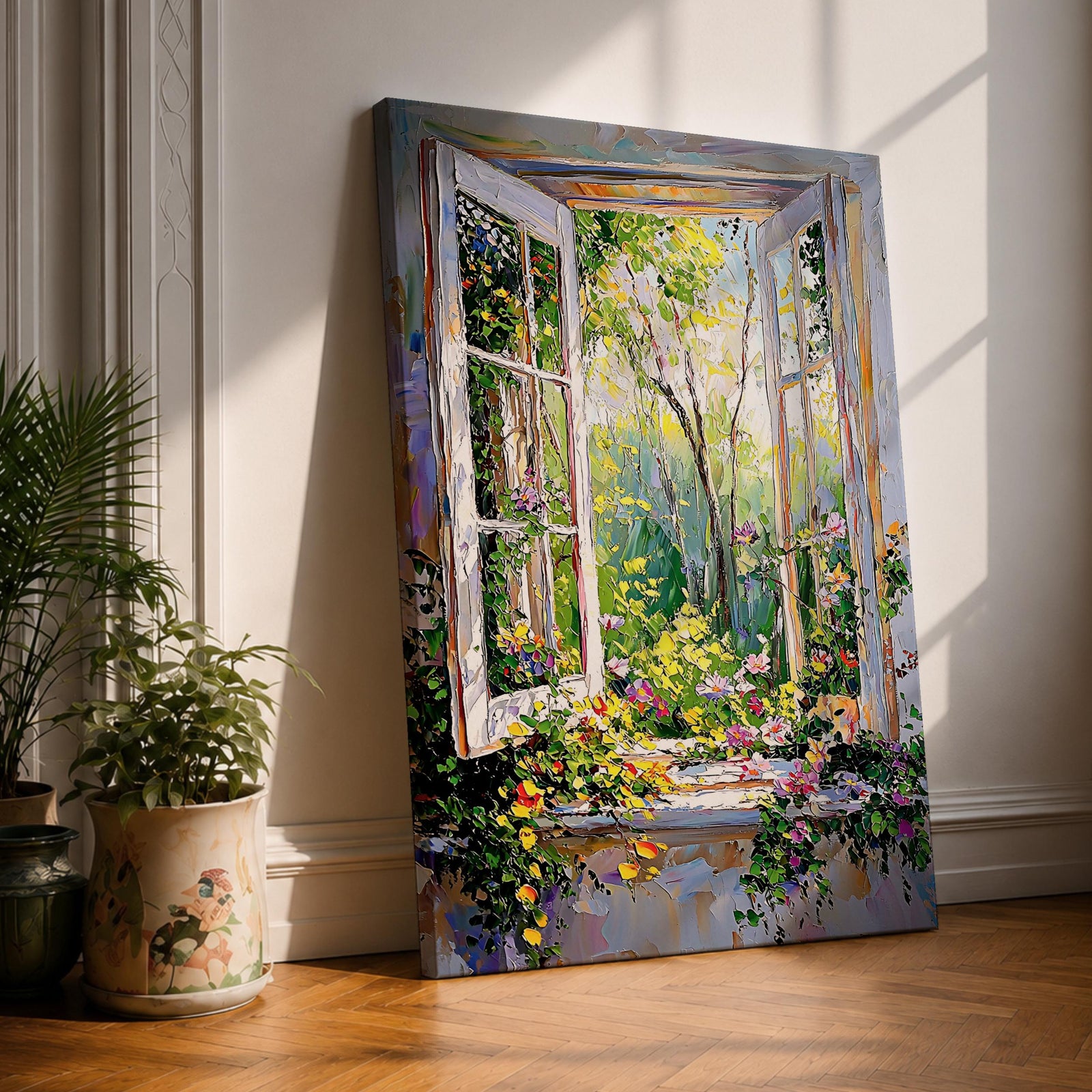 This artwork depicts an open window revealing a lush garden scene filled with vibrant flowers and greenery. The style is impressionistic with thick, textured brushstrokes creating a lively and colorful natural landscape framed by the window structure.