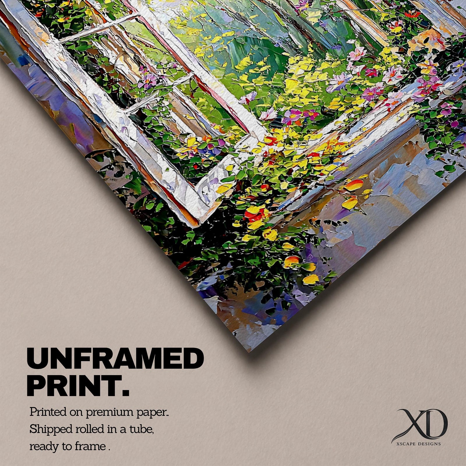 This artwork depicts an open window revealing a lush garden scene filled with vibrant flowers and greenery. The style is impressionistic with thick, textured brushstrokes creating a lively and colorful natural landscape framed by the window structure.