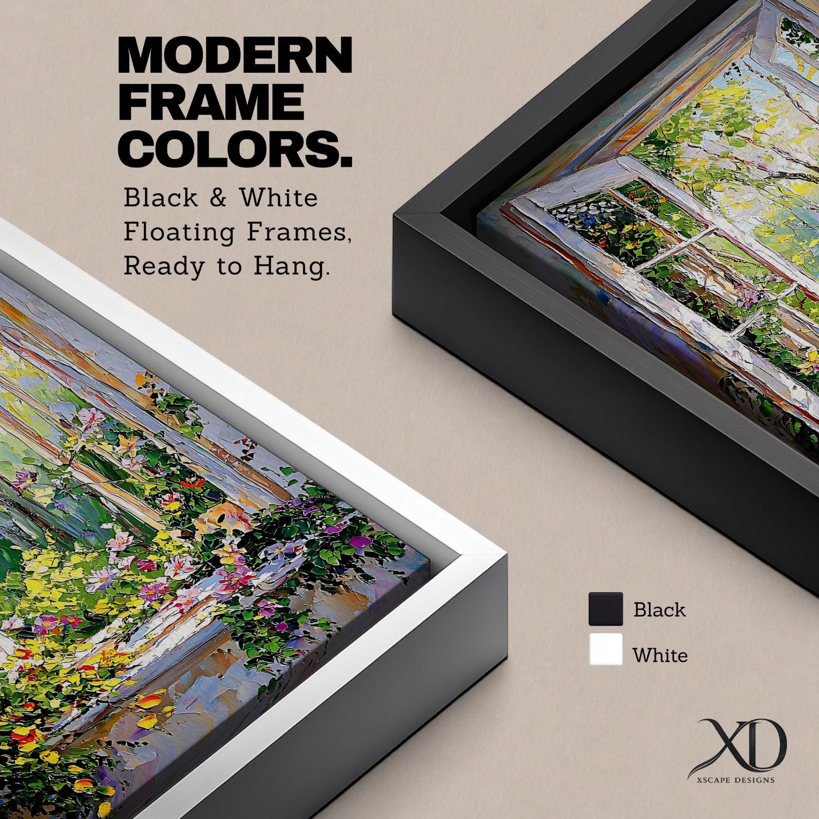This artwork depicts an open window revealing a lush garden scene filled with vibrant flowers and greenery. The style is impressionistic with thick, textured brushstrokes creating a lively and colorful natural landscape framed by the window structure.