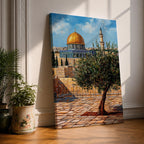 Painting of the golden Dome of the Rock beside Masjid Al Aqsa in Jerusalem with a prominent olive tree in the foreground, ancient stone courtyard walls, and the iconic Islamic shrine rising beneath a bright blue sky.