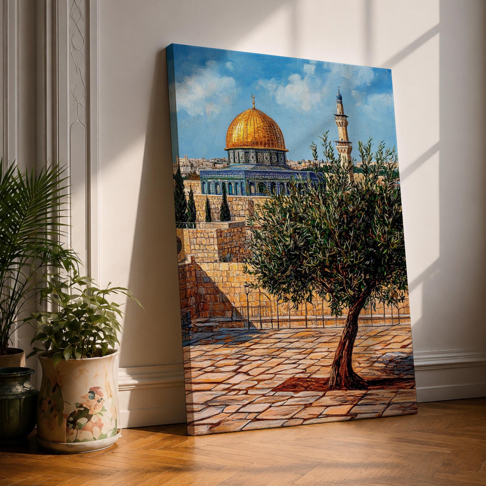 Painting of the golden Dome of the Rock beside Masjid Al Aqsa in Jerusalem with a prominent olive tree in the foreground, ancient stone courtyard walls, and the iconic Islamic shrine rising beneath a bright blue sky.
