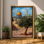 Painting of the golden Dome of the Rock beside Masjid Al Aqsa in Jerusalem with a prominent olive tree in the foreground, ancient stone courtyard walls, and the iconic Islamic shrine rising beneath a bright blue sky.