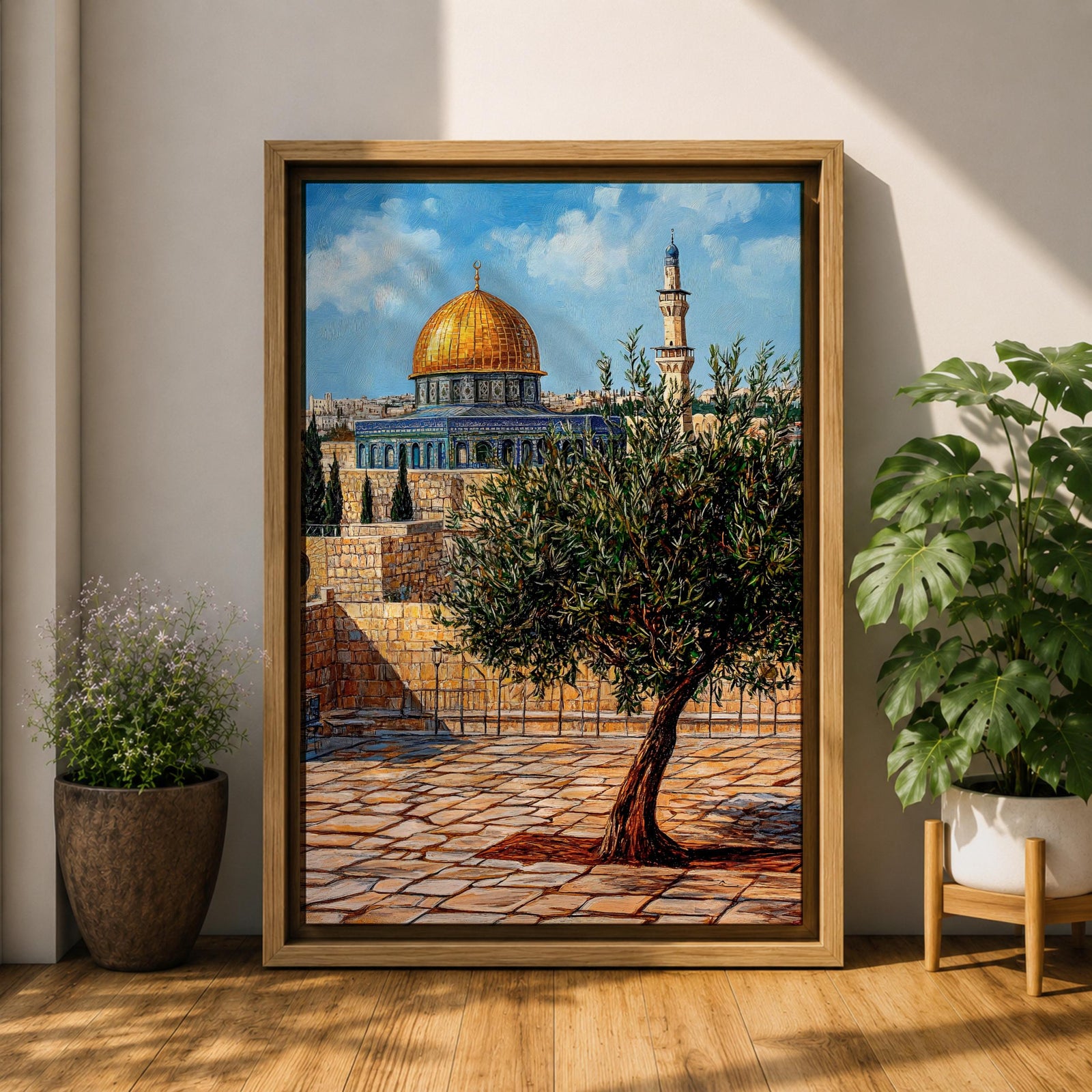 Painting of the golden Dome of the Rock beside Masjid Al Aqsa in Jerusalem with a prominent olive tree in the foreground, ancient stone courtyard walls, and the iconic Islamic shrine rising beneath a bright blue sky.