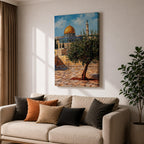 Painting of the golden Dome of the Rock beside Masjid Al Aqsa in Jerusalem with a prominent olive tree in the foreground, ancient stone courtyard walls, and the iconic Islamic shrine rising beneath a bright blue sky.