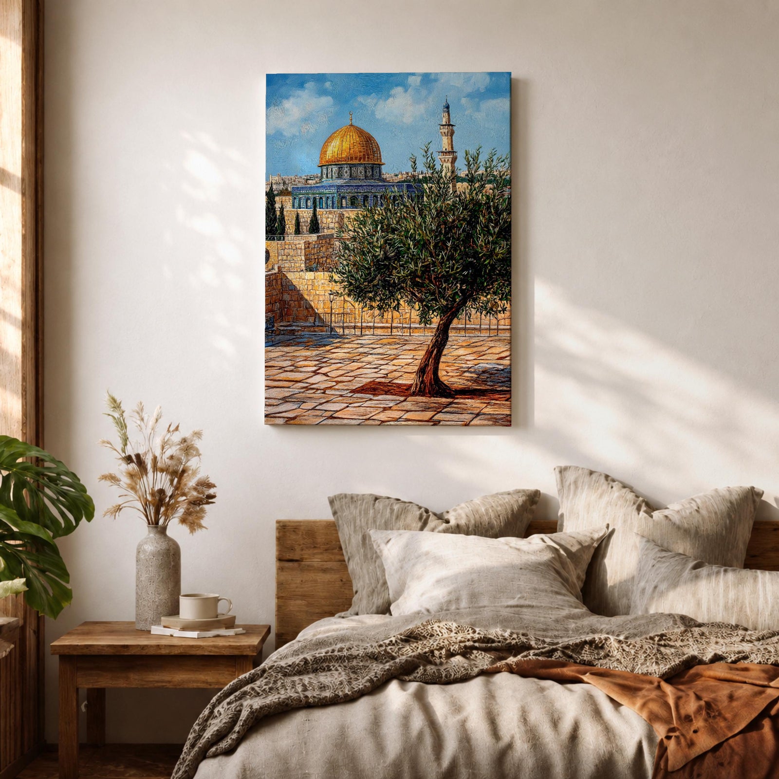 Painting of the golden Dome of the Rock beside Masjid Al Aqsa in Jerusalem with a prominent olive tree in the foreground, ancient stone courtyard walls, and the iconic Islamic shrine rising beneath a bright blue sky.