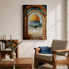 Mosaic-style artwork of the golden Dome of the Rock within the Masjid Al Aqsa compound in Jerusalem, viewed through a historic stone archway with detailed tile textures and the open courtyard leading toward the iconic Islamic shrine.