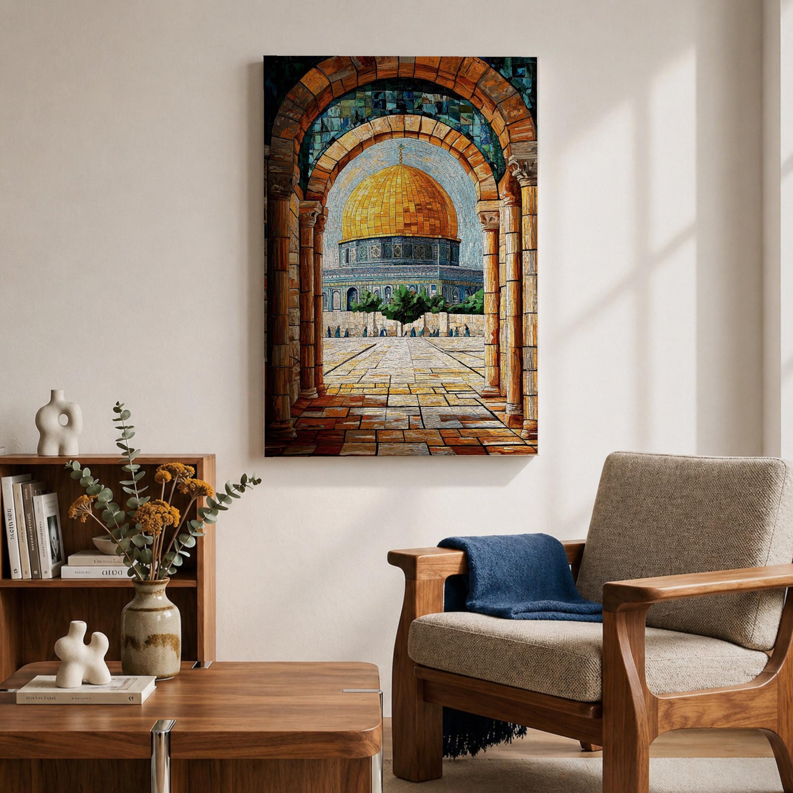 Mosaic-style artwork of the golden Dome of the Rock within the Masjid Al Aqsa compound in Jerusalem, viewed through a historic stone archway with detailed tile textures and the open courtyard leading toward the iconic Islamic shrine.