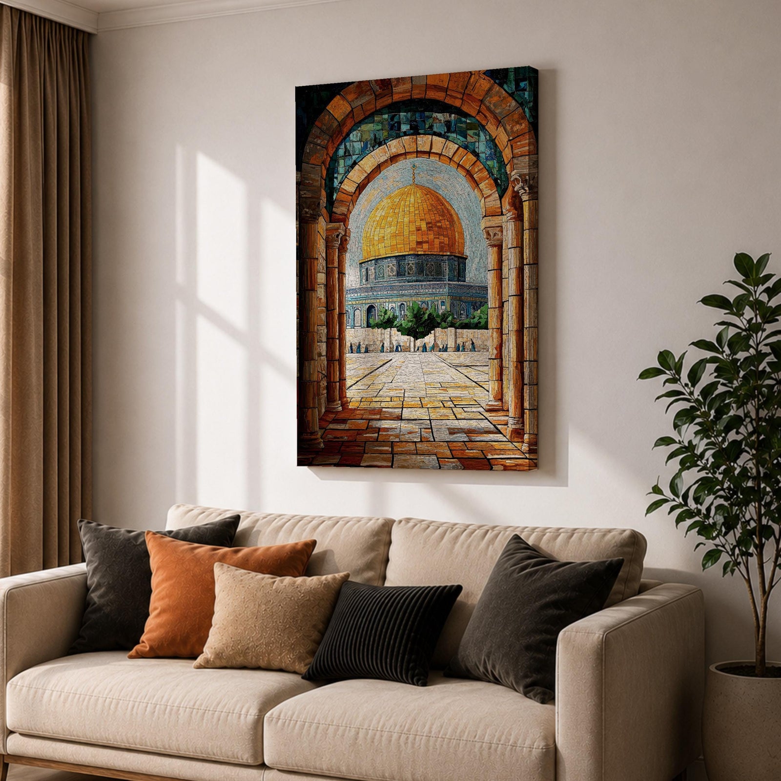 Mosaic-style artwork of the golden Dome of the Rock within the Masjid Al Aqsa compound in Jerusalem, viewed through a historic stone archway with detailed tile textures and the open courtyard leading toward the iconic Islamic shrine.