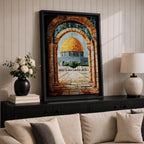 Mosaic-style artwork of the golden Dome of the Rock within the Masjid Al Aqsa compound in Jerusalem, viewed through a historic stone archway with detailed tile textures and the open courtyard leading toward the iconic Islamic shrine.