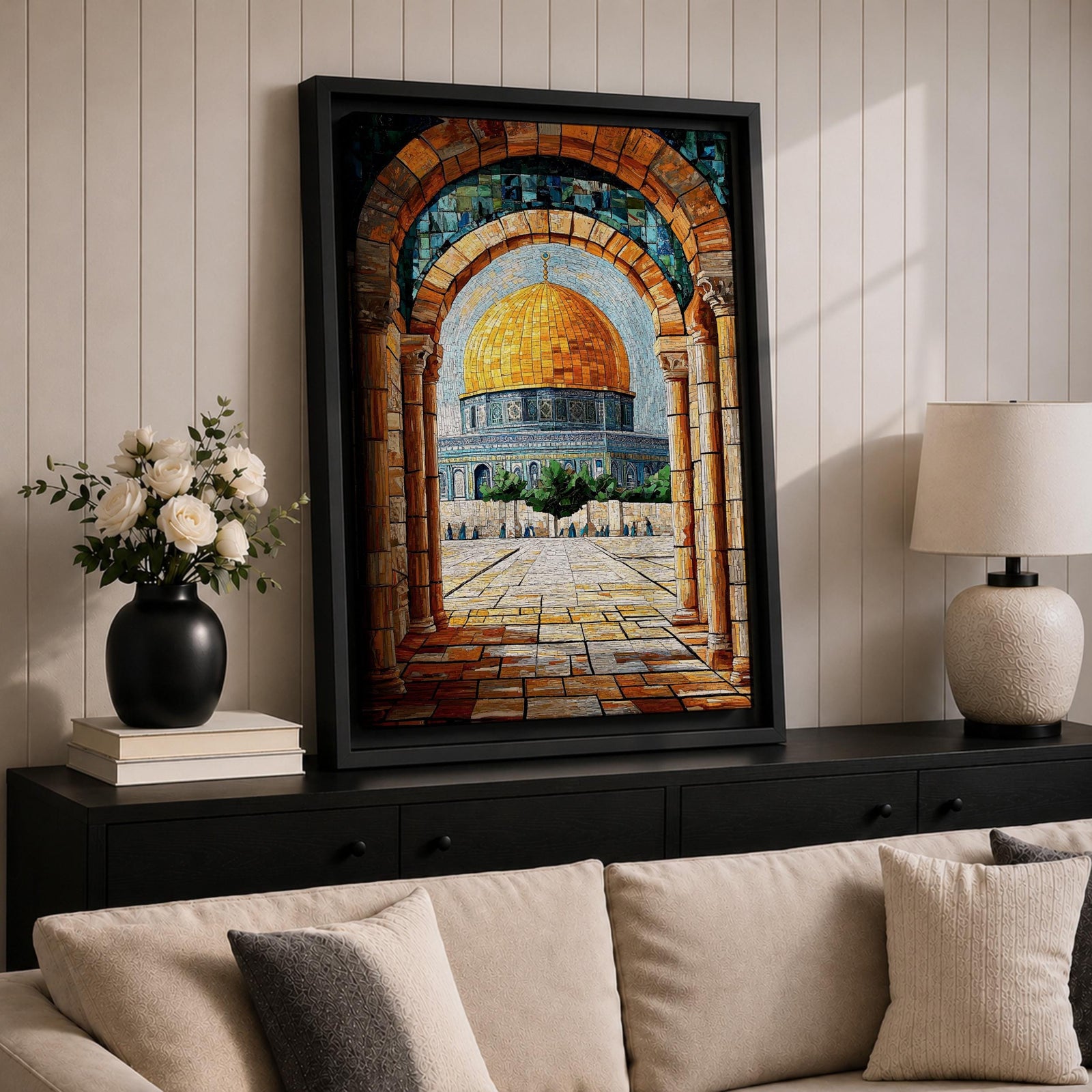 Mosaic-style artwork of the golden Dome of the Rock within the Masjid Al Aqsa compound in Jerusalem, viewed through a historic stone archway with detailed tile textures and the open courtyard leading toward the iconic Islamic shrine.