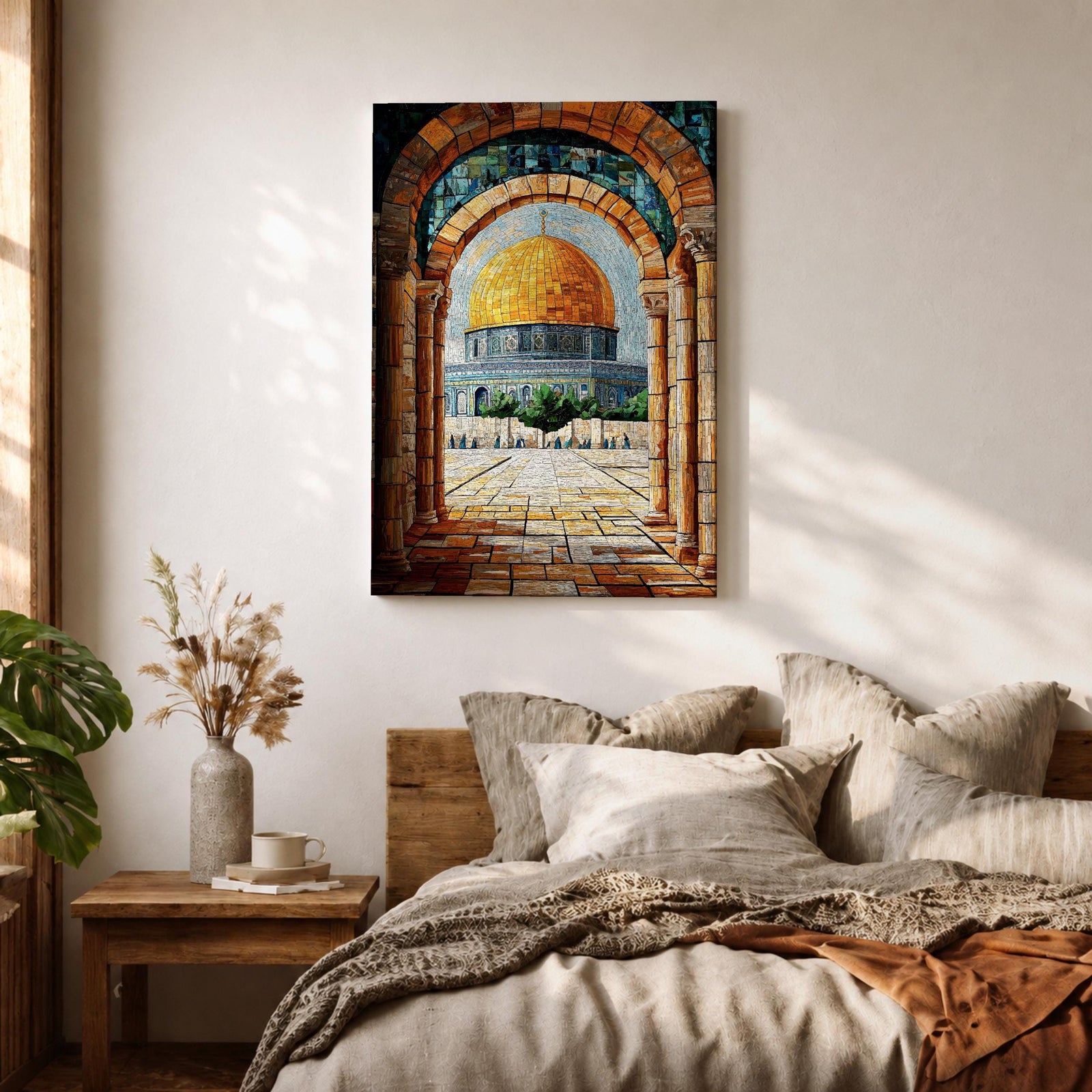 Mosaic-style artwork of the golden Dome of the Rock within the Masjid Al Aqsa compound in Jerusalem, viewed through a historic stone archway with detailed tile textures and the open courtyard leading toward the iconic Islamic shrine.