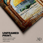 Mosaic-style artwork of the golden Dome of the Rock within the Masjid Al Aqsa compound in Jerusalem, viewed through a historic stone archway with detailed tile textures and the open courtyard leading toward the iconic Islamic shrine.