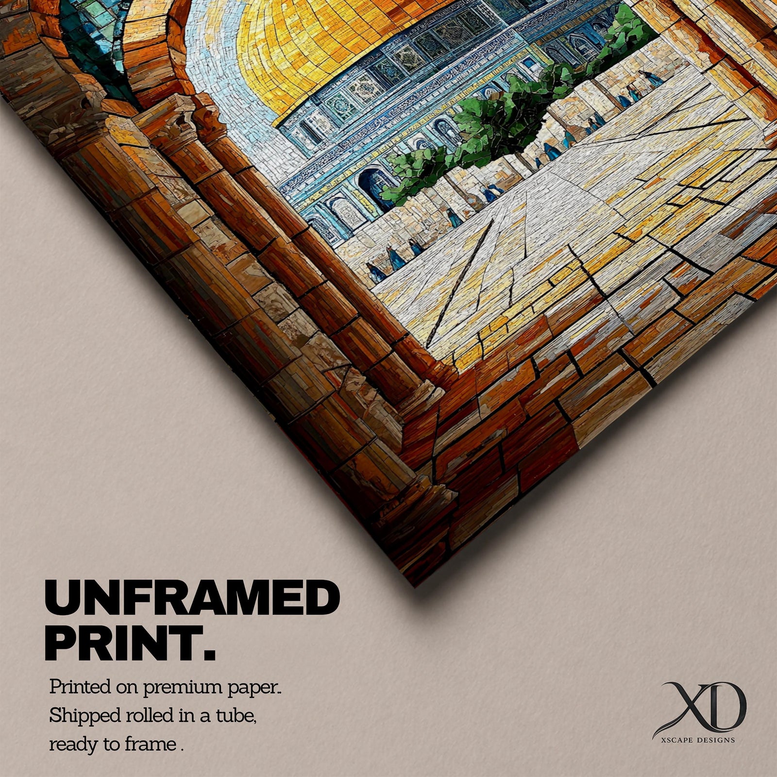 Mosaic-style artwork of the golden Dome of the Rock within the Masjid Al Aqsa compound in Jerusalem, viewed through a historic stone archway with detailed tile textures and the open courtyard leading toward the iconic Islamic shrine.
