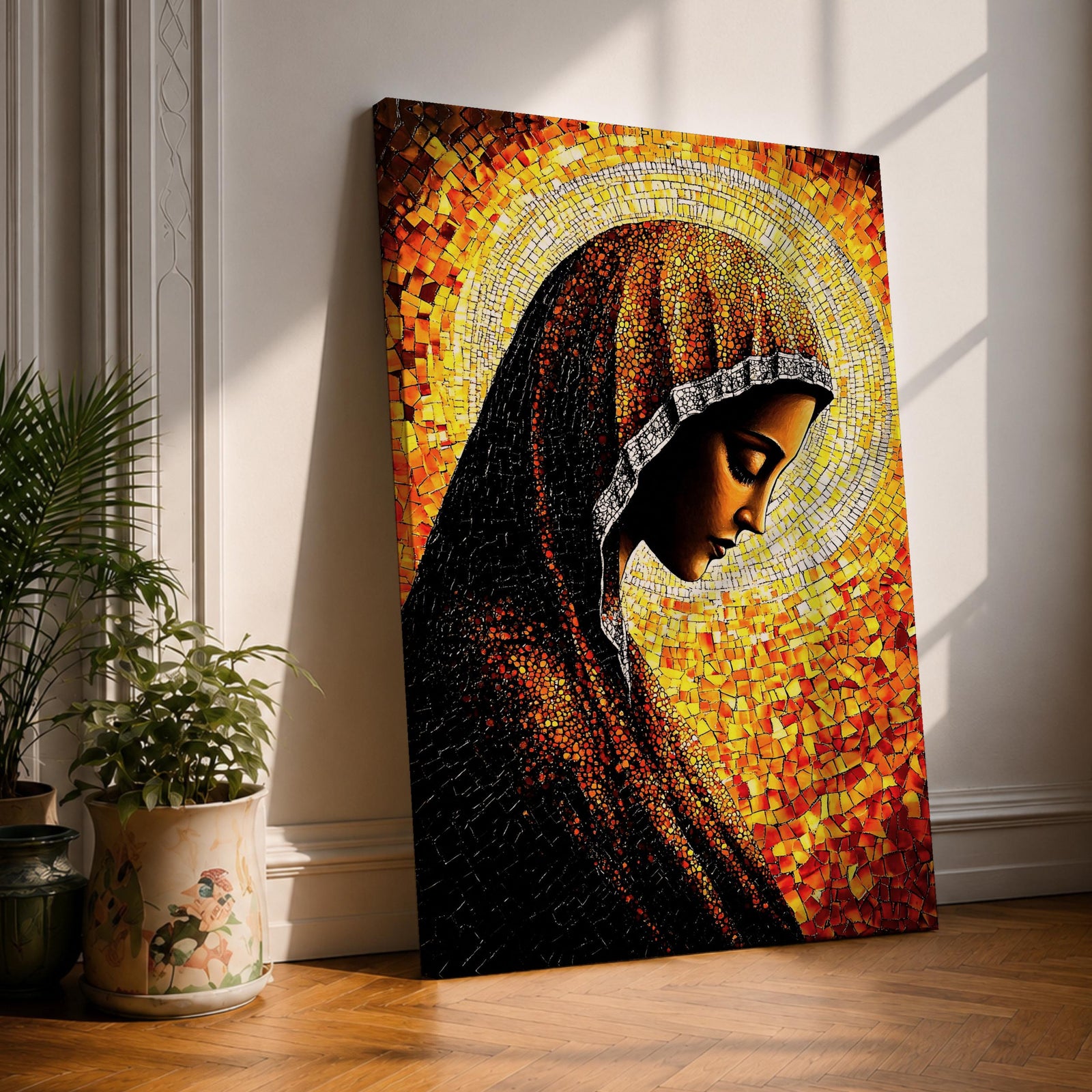 Mosaic style portrait of the Virgin Mary shown in profile with her head gently bowed in prayer, wearing a dark veil with a radiant golden halo composed of small stained glass tiles behind her head, rendered in warm orange and gold mosaic textures forming a devotional Marian composition.