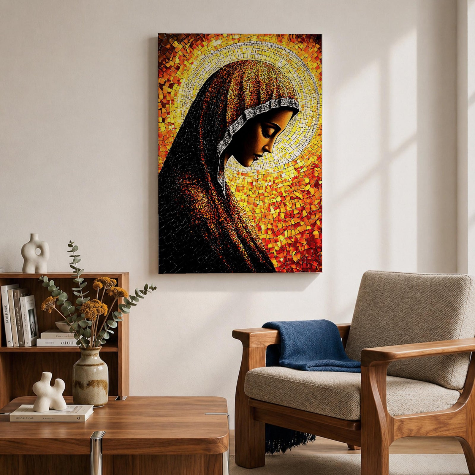 Mosaic style portrait of the Virgin Mary shown in profile with her head gently bowed in prayer, wearing a dark veil with a radiant golden halo composed of small stained glass tiles behind her head, rendered in warm orange and gold mosaic textures forming a devotional Marian composition.