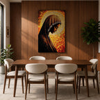 Mosaic style portrait of the Virgin Mary shown in profile with her head gently bowed in prayer, wearing a dark veil with a radiant golden halo composed of small stained glass tiles behind her head, rendered in warm orange and gold mosaic textures forming a devotional Marian composition.