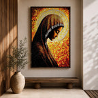 Mosaic style portrait of the Virgin Mary shown in profile with her head gently bowed in prayer, wearing a dark veil with a radiant golden halo composed of small stained glass tiles behind her head, rendered in warm orange and gold mosaic textures forming a devotional Marian composition.