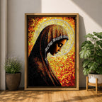 Mosaic style portrait of the Virgin Mary shown in profile with her head gently bowed in prayer, wearing a dark veil with a radiant golden halo composed of small stained glass tiles behind her head, rendered in warm orange and gold mosaic textures forming a devotional Marian composition.