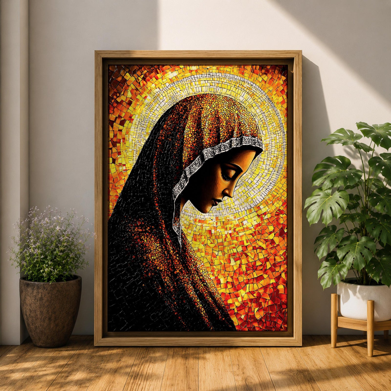 Mosaic style portrait of the Virgin Mary shown in profile with her head gently bowed in prayer, wearing a dark veil with a radiant golden halo composed of small stained glass tiles behind her head, rendered in warm orange and gold mosaic textures forming a devotional Marian composition.