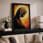 Mosaic style portrait of the Virgin Mary shown in profile with her head gently bowed in prayer, wearing a dark veil with a radiant golden halo composed of small stained glass tiles behind her head, rendered in warm orange and gold mosaic textures forming a devotional Marian composition.