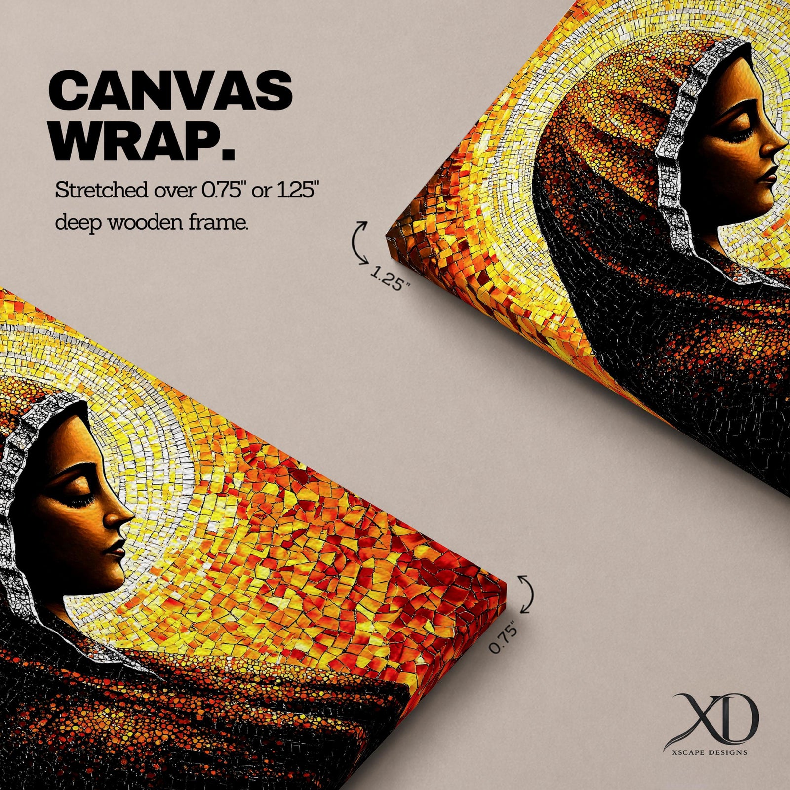 Mosaic style portrait of the Virgin Mary shown in profile with her head gently bowed in prayer, wearing a dark veil with a radiant golden halo composed of small stained glass tiles behind her head, rendered in warm orange and gold mosaic textures forming a devotional Marian composition.