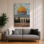 Mosaic-style artwork showing the golden dome within the Masjid Al Aqsa compound in Jerusalem, with detailed blue tile architecture and a geometric sky background highlighting the iconic Islamic shrine.