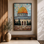 Mosaic-style artwork showing the golden dome within the Masjid Al Aqsa compound in Jerusalem, with detailed blue tile architecture and a geometric sky background highlighting the iconic Islamic shrine.