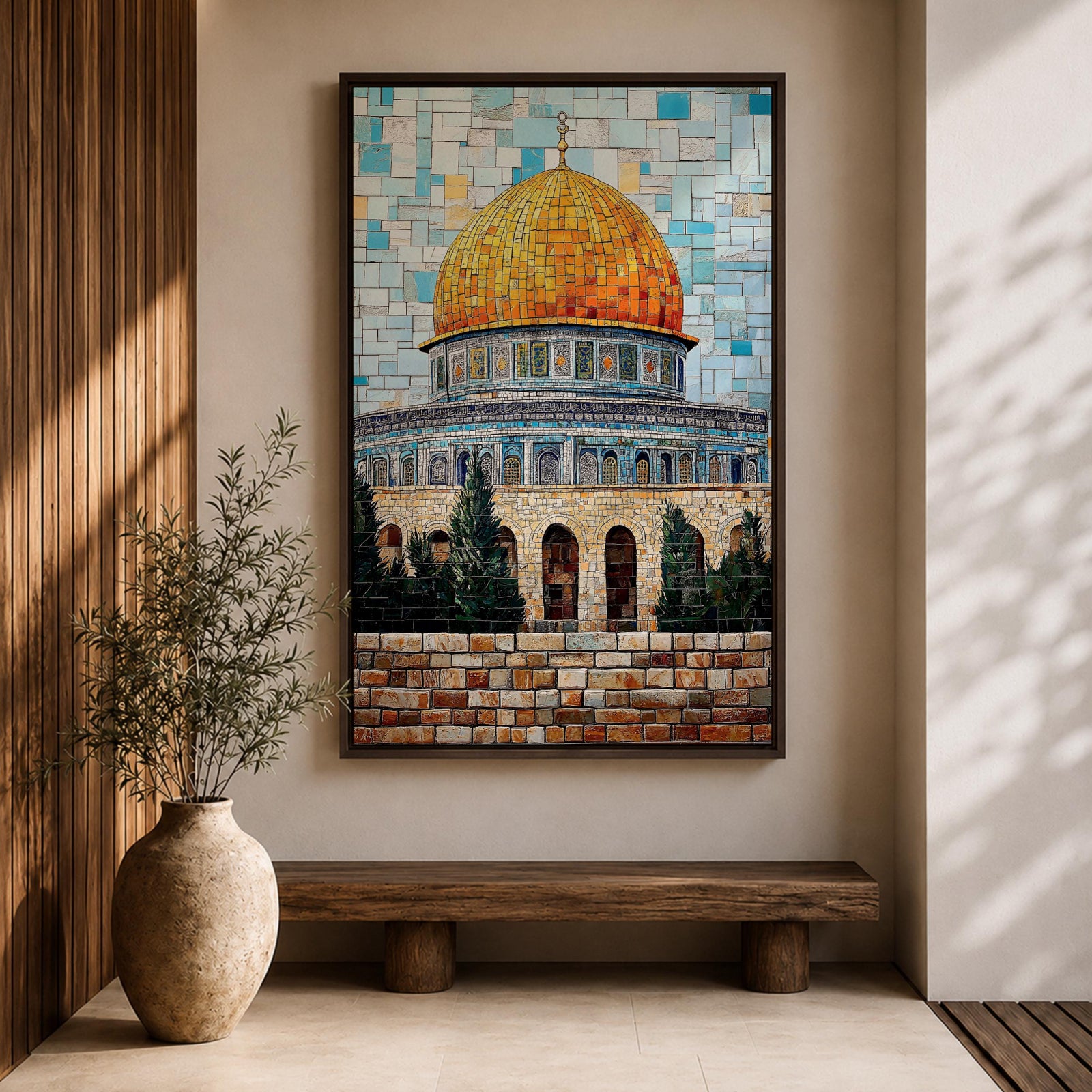 Mosaic-style artwork showing the golden dome within the Masjid Al Aqsa compound in Jerusalem, with detailed blue tile architecture and a geometric sky background highlighting the iconic Islamic shrine.