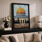 Mosaic-style artwork showing the golden dome within the Masjid Al Aqsa compound in Jerusalem, with detailed blue tile architecture and a geometric sky background highlighting the iconic Islamic shrine.