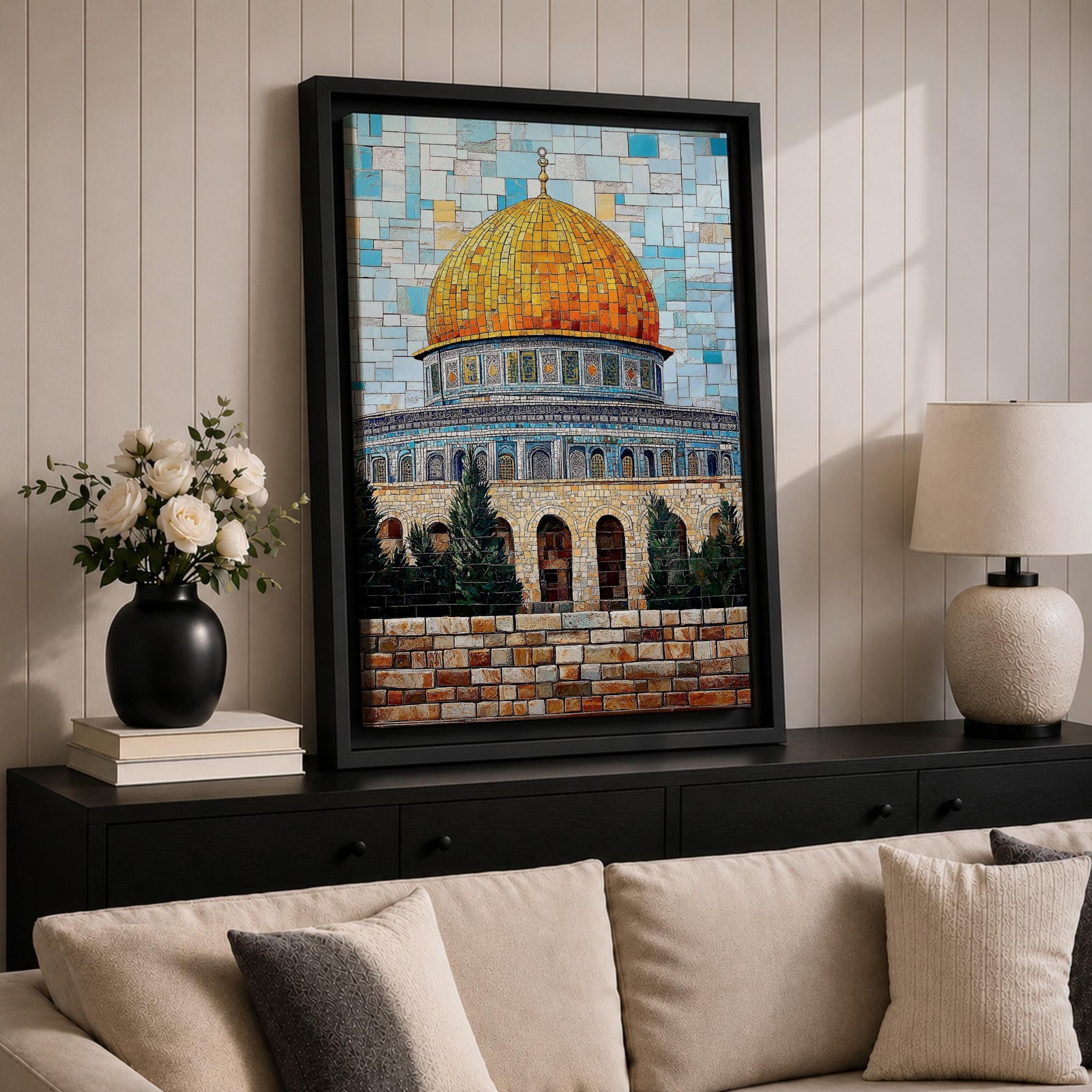 Mosaic-style artwork showing the golden dome within the Masjid Al Aqsa compound in Jerusalem, with detailed blue tile architecture and a geometric sky background highlighting the iconic Islamic shrine.