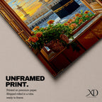Painting of the Kaaba at Masjid Al Haram in Mecca viewed through an open wooden window with flowers on the sill, showing the black Kaaba in the courtyard surrounded by worshippers and tall mosque minarets under a glowing sunset sky.