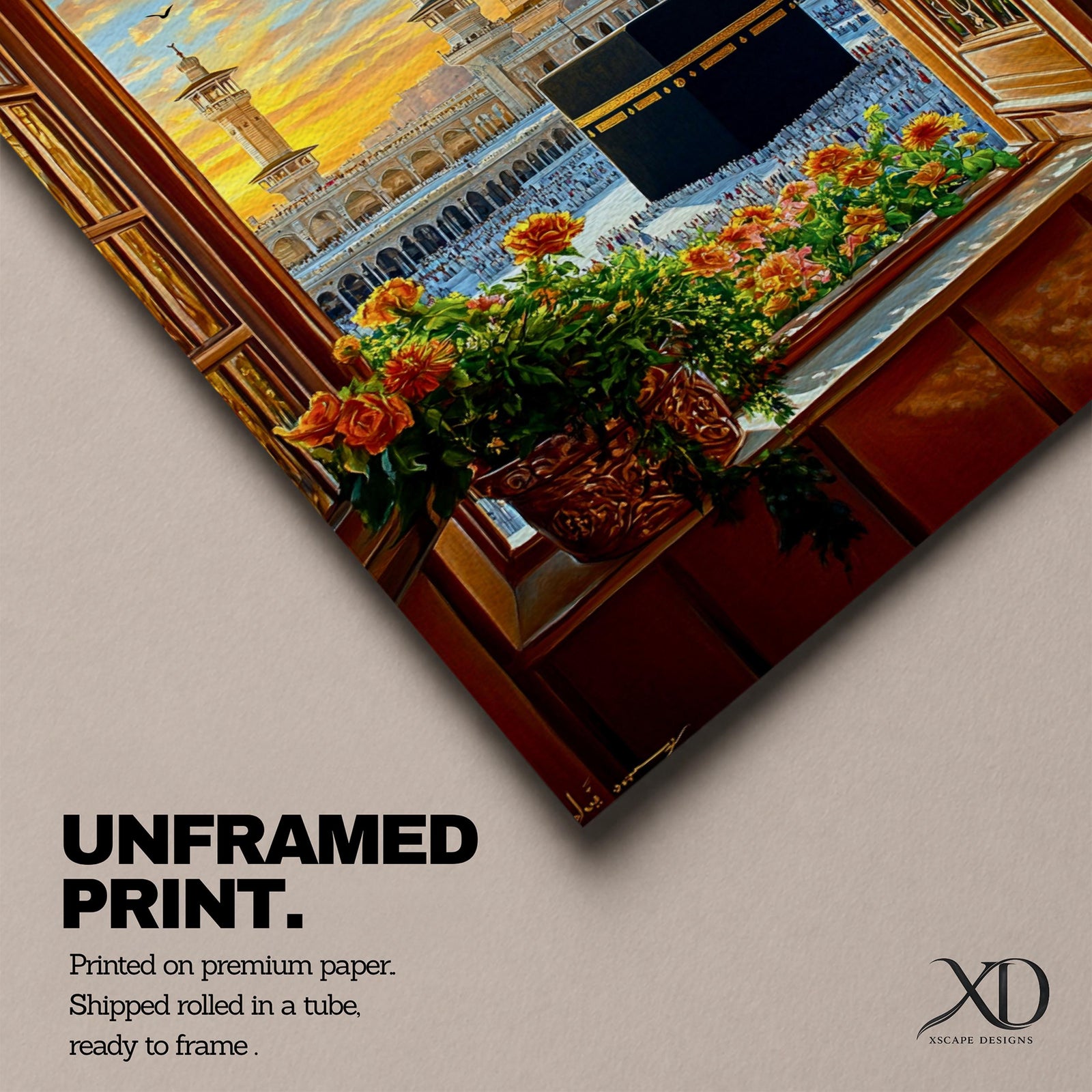 Painting of the Kaaba at Masjid Al Haram in Mecca viewed through an open wooden window with flowers on the sill, showing the black Kaaba in the courtyard surrounded by worshippers and tall mosque minarets under a glowing sunset sky.
