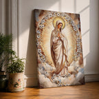 Mosaic style artwork of the Virgin Mary standing with hands folded in prayer, surrounded by a radiant golden halo and a decorative floral arch composed of small mosaic tiles and delicate blossoms, rendered in soft neutral and golden tones forming a serene Catholic devotional portrait.