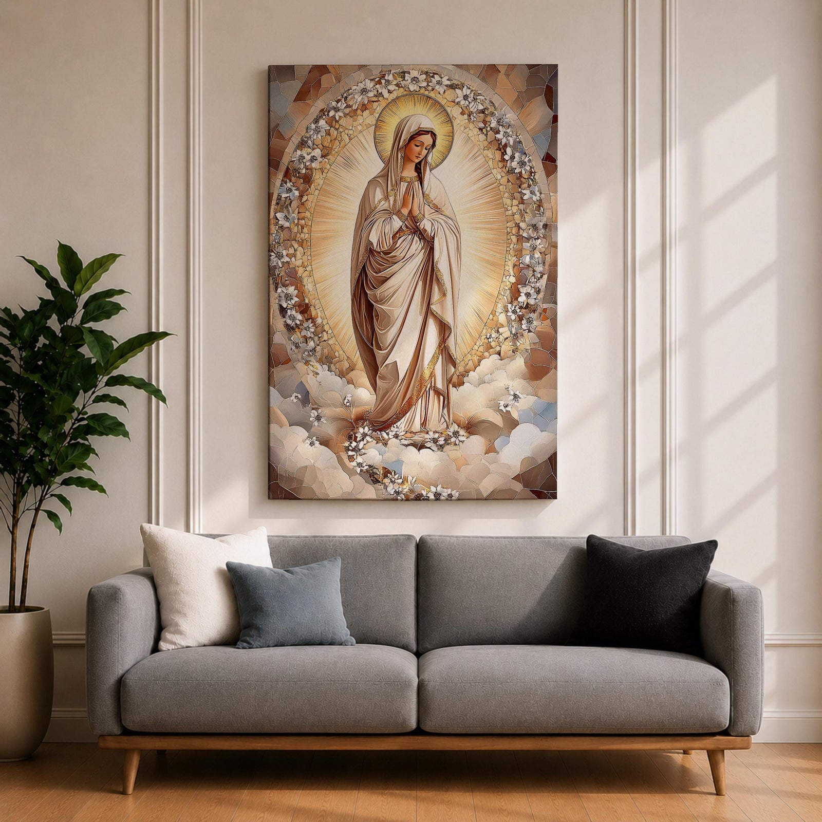 Mosaic style artwork of the Virgin Mary standing with hands folded in prayer, surrounded by a radiant golden halo and a decorative floral arch composed of small mosaic tiles and delicate blossoms, rendered in soft neutral and golden tones forming a serene Catholic devotional portrait.