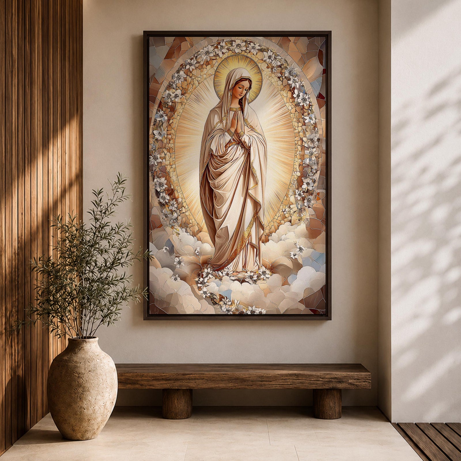 Mosaic style artwork of the Virgin Mary standing with hands folded in prayer, surrounded by a radiant golden halo and a decorative floral arch composed of small mosaic tiles and delicate blossoms, rendered in soft neutral and golden tones forming a serene Catholic devotional portrait.