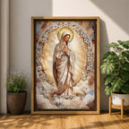 Mosaic style artwork of the Virgin Mary standing with hands folded in prayer, surrounded by a radiant golden halo and a decorative floral arch composed of small mosaic tiles and delicate blossoms, rendered in soft neutral and golden tones forming a serene Catholic devotional portrait.