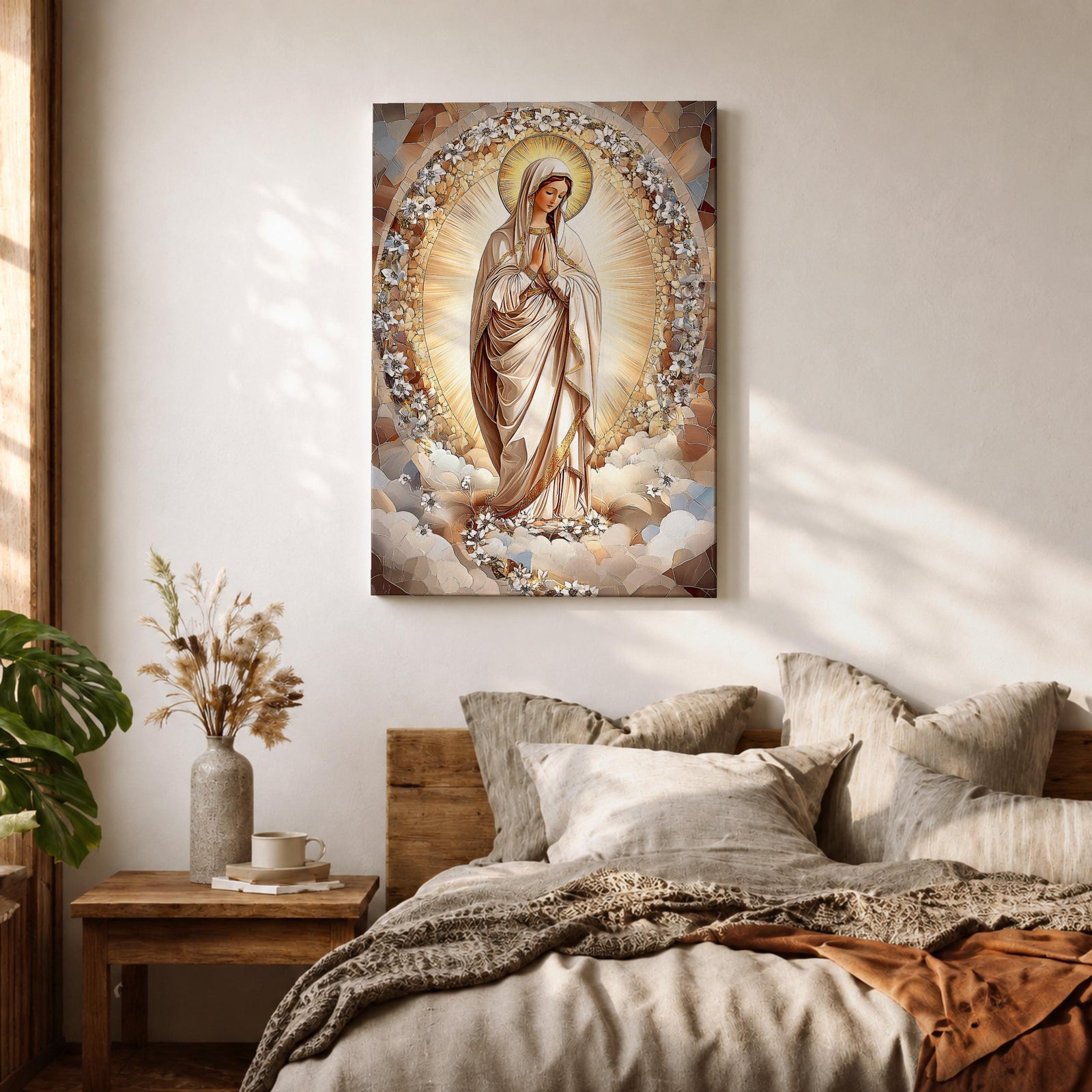 Mosaic style artwork of the Virgin Mary standing with hands folded in prayer, surrounded by a radiant golden halo and a decorative floral arch composed of small mosaic tiles and delicate blossoms, rendered in soft neutral and golden tones forming a serene Catholic devotional portrait.