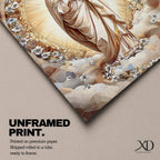 Mosaic style artwork of the Virgin Mary standing with hands folded in prayer, surrounded by a radiant golden halo and a decorative floral arch composed of small mosaic tiles and delicate blossoms, rendered in soft neutral and golden tones forming a serene Catholic devotional portrait.