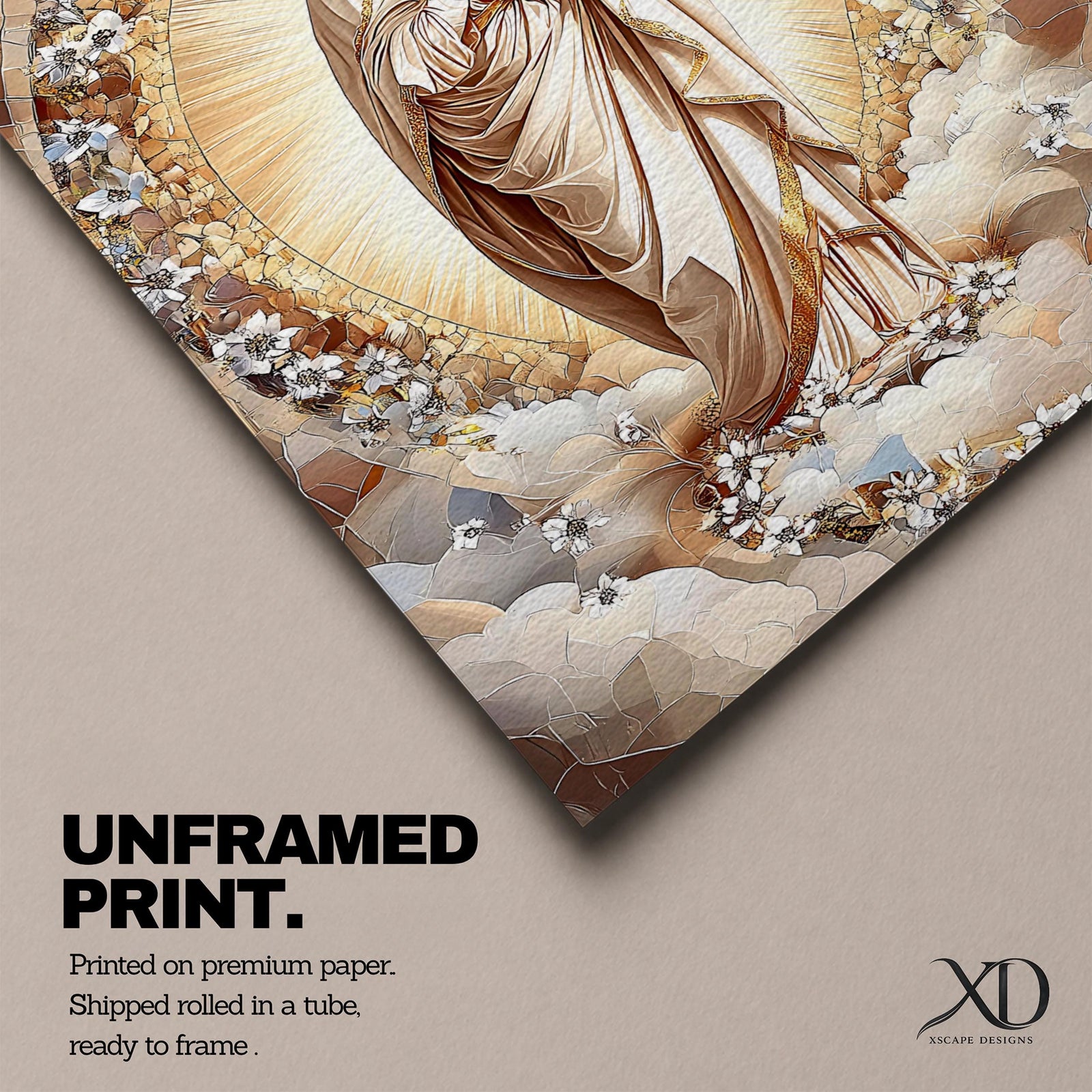Mosaic style artwork of the Virgin Mary standing with hands folded in prayer, surrounded by a radiant golden halo and a decorative floral arch composed of small mosaic tiles and delicate blossoms, rendered in soft neutral and golden tones forming a serene Catholic devotional portrait.