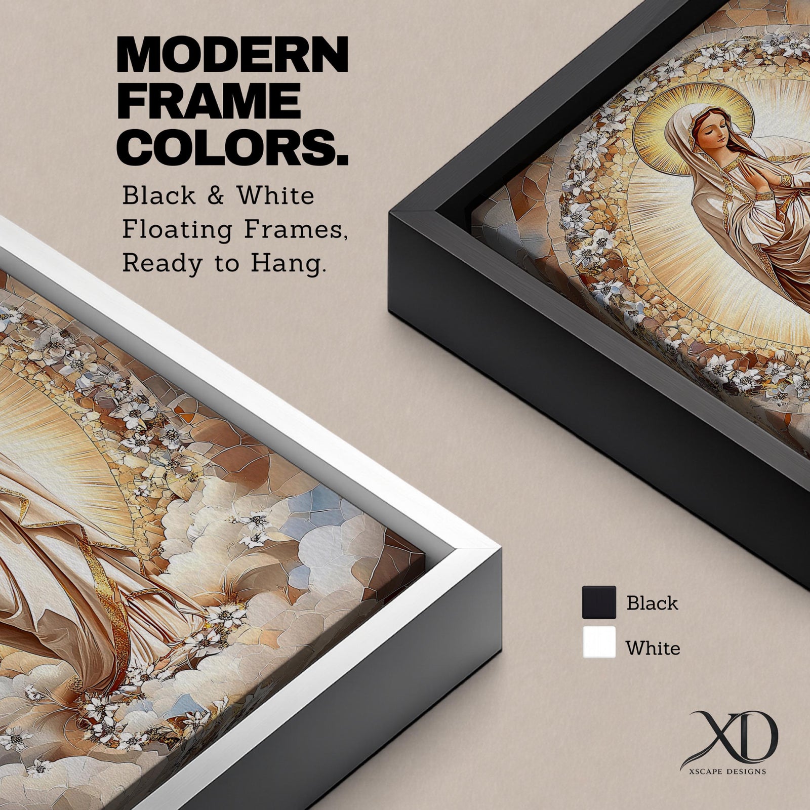 Mosaic style artwork of the Virgin Mary standing with hands folded in prayer, surrounded by a radiant golden halo and a decorative floral arch composed of small mosaic tiles and delicate blossoms, rendered in soft neutral and golden tones forming a serene Catholic devotional portrait.