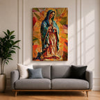 A vibrant mosaic-style stained glass depiction of Our Lady of Guadalupe shows her with hands clasped in prayer, wearing a blue mantle and surrounded by geometric colorful shapes, capturing the traditional Mexican Marian apparition in a modern abstract mosaic composition.