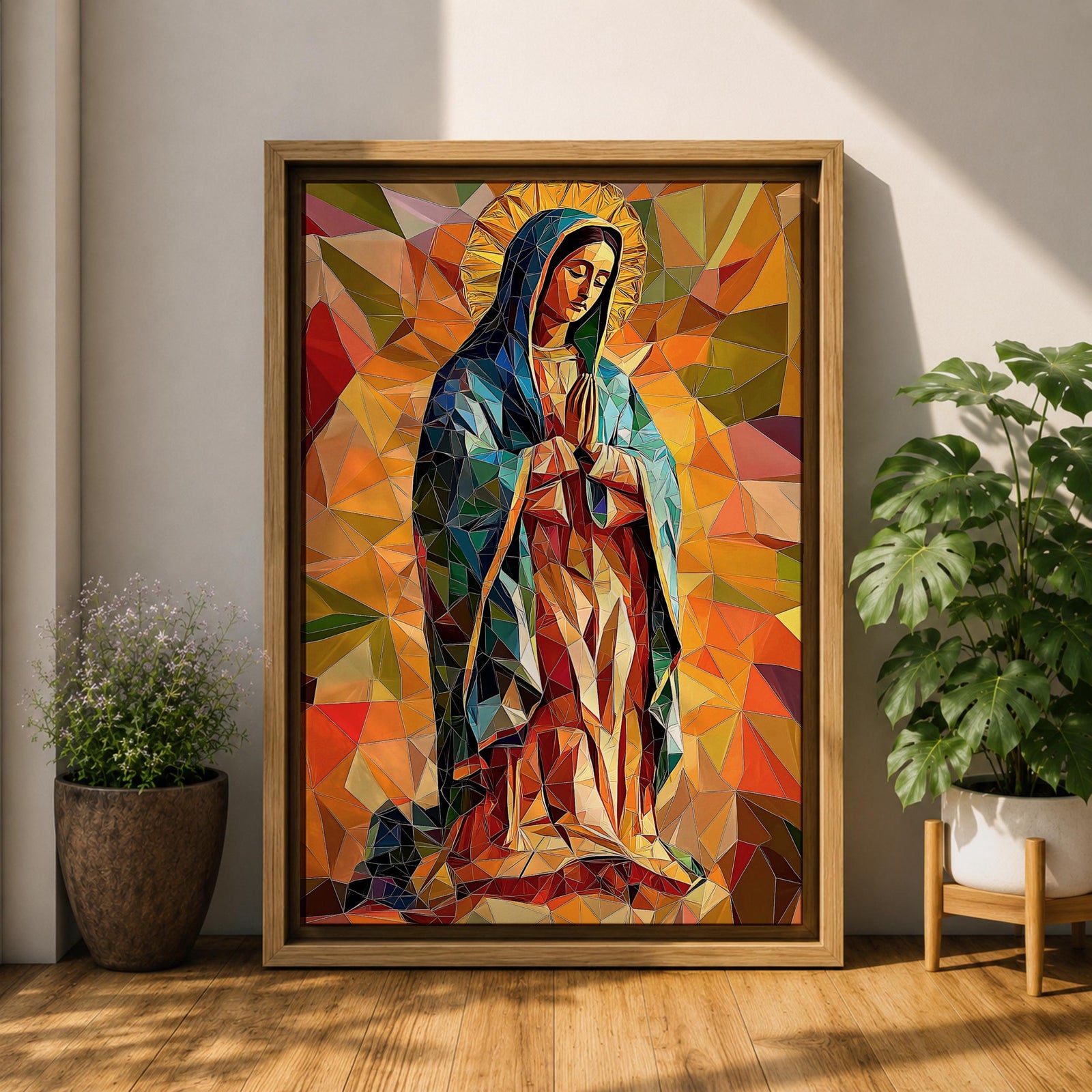A vibrant mosaic-style stained glass depiction of Our Lady of Guadalupe shows her with hands clasped in prayer, wearing a blue mantle and surrounded by geometric colorful shapes, capturing the traditional Mexican Marian apparition in a modern abstract mosaic composition.
