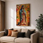 A vibrant mosaic-style stained glass depiction of Our Lady of Guadalupe shows her with hands clasped in prayer, wearing a blue mantle and surrounded by geometric colorful shapes, capturing the traditional Mexican Marian apparition in a modern abstract mosaic composition.