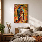 A vibrant mosaic-style stained glass depiction of Our Lady of Guadalupe shows her with hands clasped in prayer, wearing a blue mantle and surrounded by geometric colorful shapes, capturing the traditional Mexican Marian apparition in a modern abstract mosaic composition.