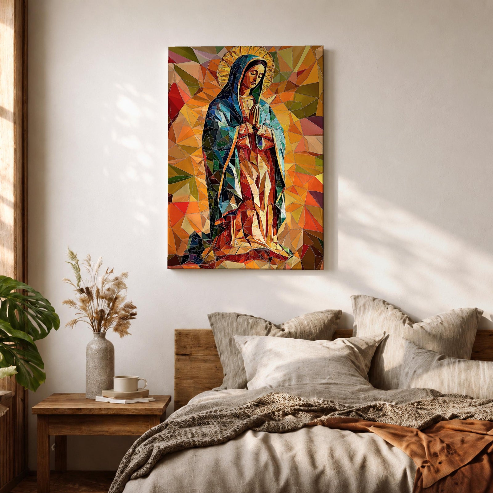 A vibrant mosaic-style stained glass depiction of Our Lady of Guadalupe shows her with hands clasped in prayer, wearing a blue mantle and surrounded by geometric colorful shapes, capturing the traditional Mexican Marian apparition in a modern abstract mosaic composition.
