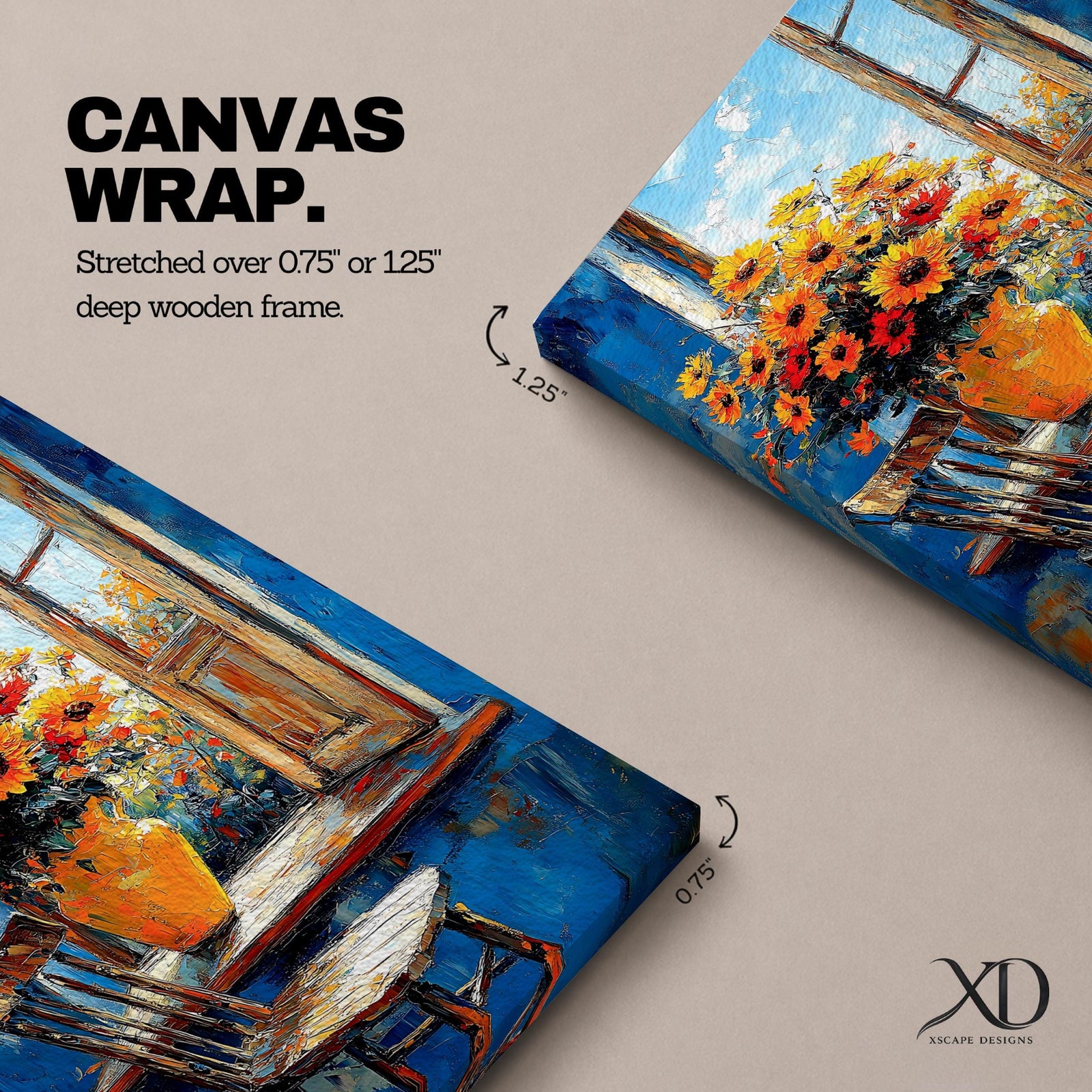 This artwork depicts a vibrant bouquet of sunflowers and orange flowers in a rustic vase placed on a wooden chair by an open window. The painting features textured brushstrokes and a bright blue background, capturing a cozy cottagecore floral scene with a natural, inviting atmosphere.