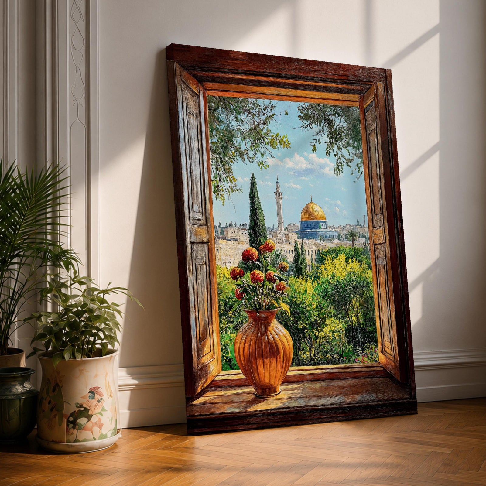 Painting of the Dome of the Rock in Jerusalem viewed through an open wooden window with a vase of flowers on the sill, overlooking green gardens and the golden dome rising above the historic Islamic shrine.