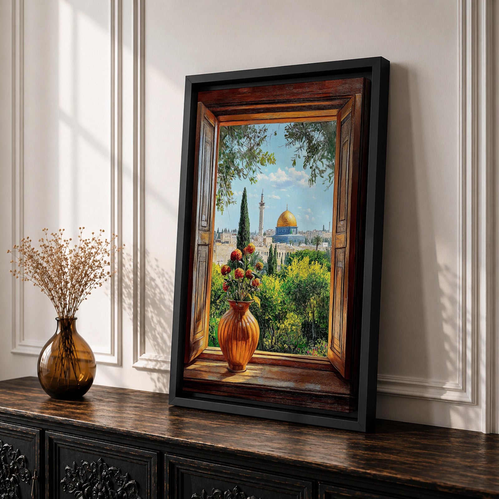 Painting of the Dome of the Rock in Jerusalem viewed through an open wooden window with a vase of flowers on the sill, overlooking green gardens and the golden dome rising above the historic Islamic shrine.