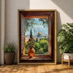 Painting of the Dome of the Rock in Jerusalem viewed through an open wooden window with a vase of flowers on the sill, overlooking green gardens and the golden dome rising above the historic Islamic shrine.